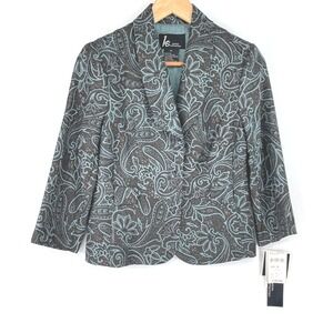 NWT KS Petite Collection Womens Blazer 8P Paisley Brocade Brown Blue Jacket